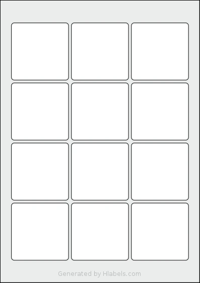 AALabels® R012 template with 12 square 60 x 60 millimeter labels per sheet, on A4-size adhesive blank label sheets.