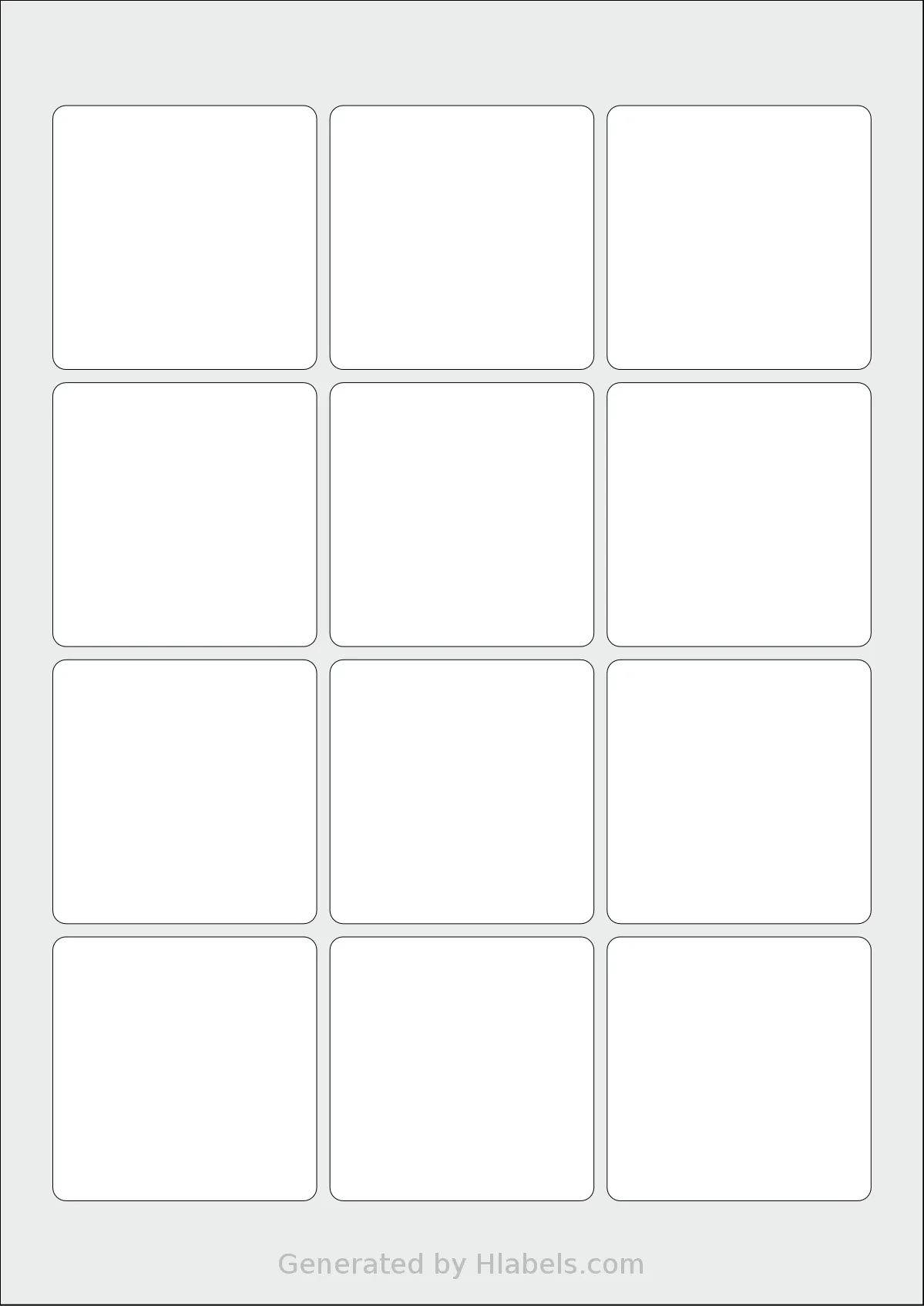 AALabels® R012 template with 12 square 60 x 60 millimeter labels per sheet, on A4-size adhesive blank label sheets.