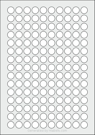 Avery® 15-RND template with 150 circle labels per sheet, each 15 millimeter in diameter, on A4-size adhesive blank label sheets.