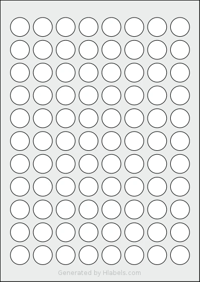Avery® 20-RND template with 88 circle labels per sheet, each 20 millimeter in diameter, on A4-size adhesive blank label sheets.