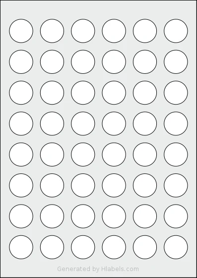 Avery® 25-RND template with 48 circle labels per sheet, each 25 millimeter in diameter, on A4-size adhesive blank label sheets.