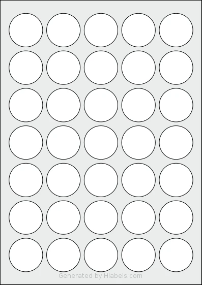 Avery® 35-RND template with 35 circle labels per sheet, each 35 millimeter in diameter, on A4-size adhesive blank label sheets.