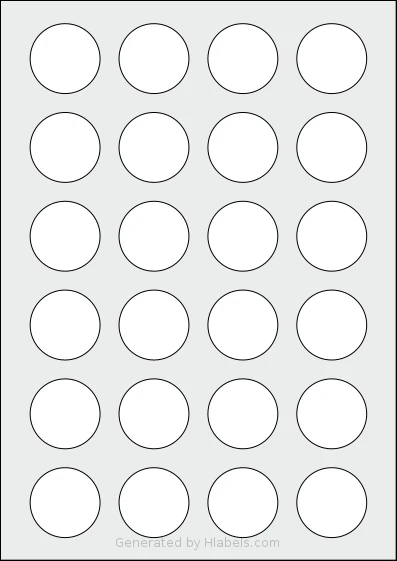 Avery® 37-RND template with 24 circle labels per sheet, each 37 millimeter in diameter, on A4-size adhesive blank label sheets.