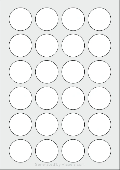 Avery® 40-RND template with 24 circle labels per sheet, each 40 millimeter in diameter, on A4-size adhesive blank label sheets.
