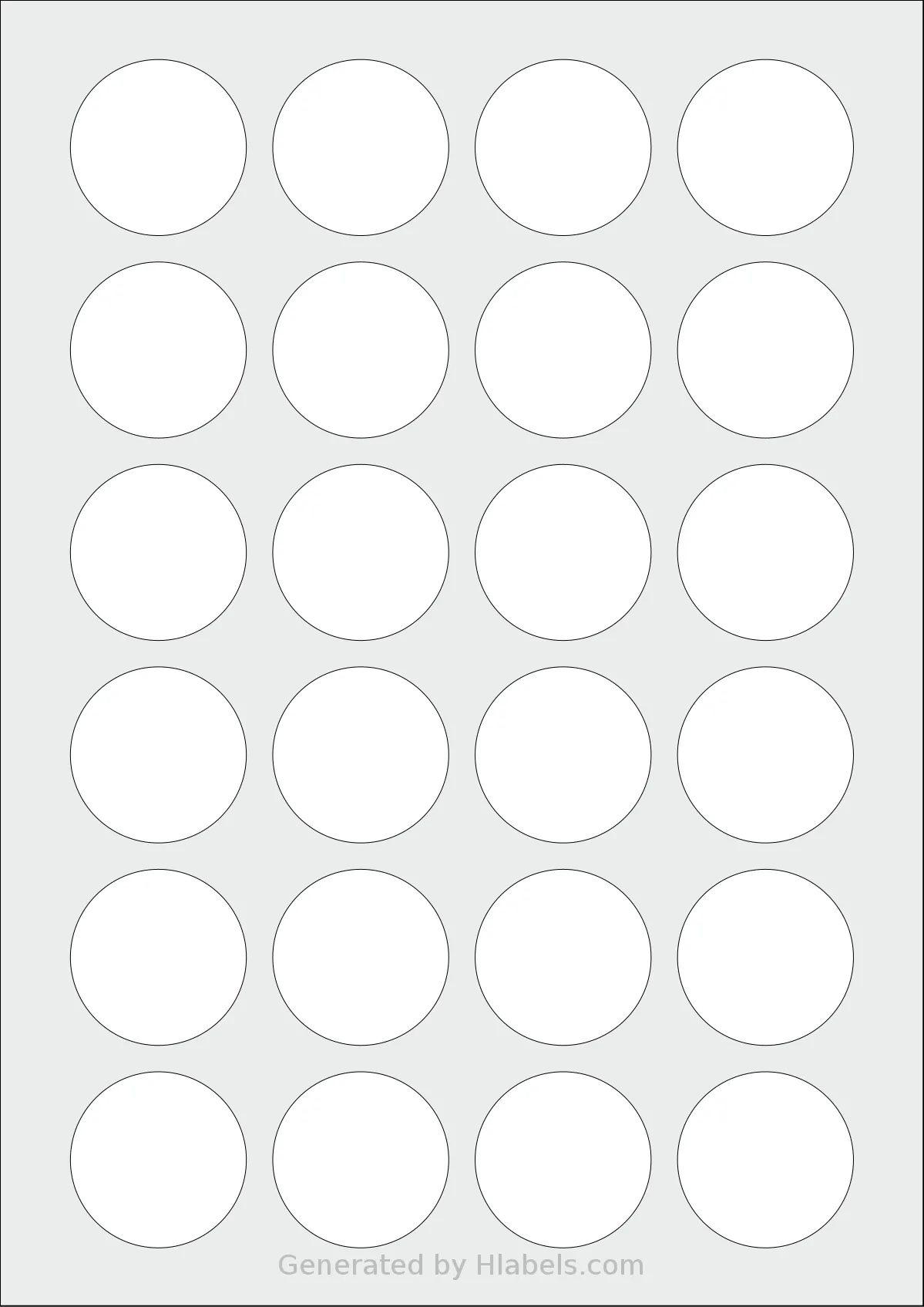 Avery® 40-RND template with 24 circle labels per sheet, each 40 millimeter in diameter, on A4-size adhesive blank label sheets.
