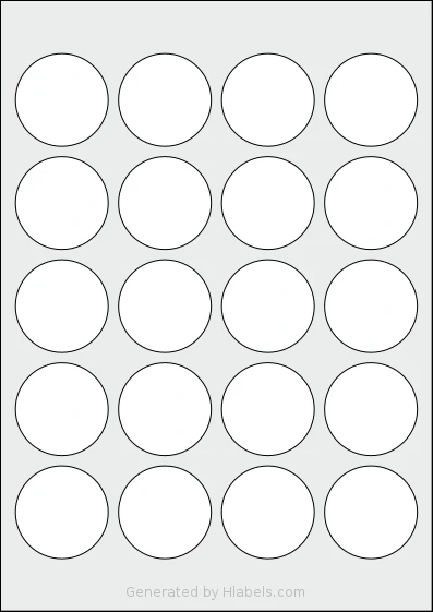 Avery® 45 template with 20 circle labels per sheet, each 45 millimeter in diameter, on A4-size adhesive blank label sheets.