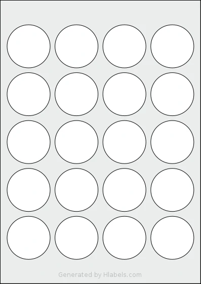 Avery® 45-RND template with 20 circle labels per sheet, each 45 millimeter in diameter, on A4-size adhesive blank label sheets.
