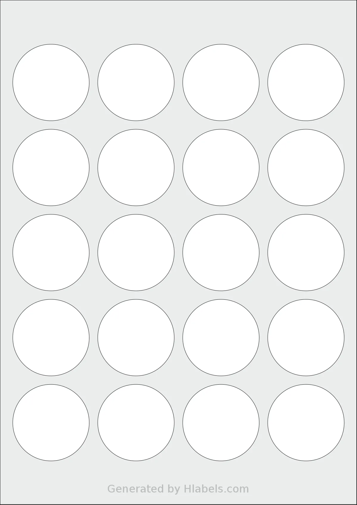Avery® 45 template with 20 circle labels per sheet, each 45 millimeter in diameter, on A4-size adhesive blank label sheets.
