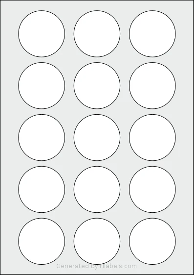 Avery® 50-RND template with 15 circle labels per sheet, each 50 millimeter in diameter, on A4-size adhesive blank label sheets.