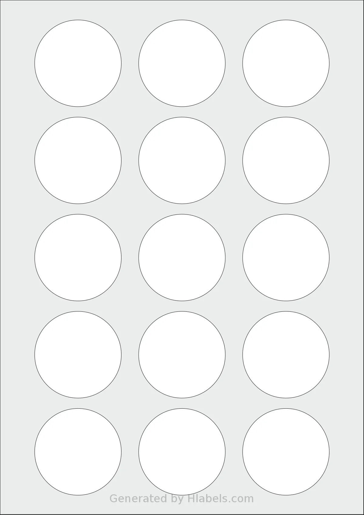 Avery® 50-RND template with 15 circle labels per sheet, each 50 millimeter in diameter, on A4-size adhesive blank label sheets.