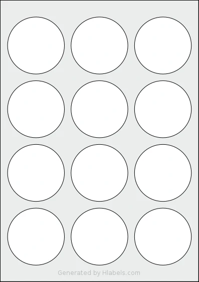 Avery® 60-RND template with 12 circle labels per sheet, each 60 millimeter in diameter, on A4-size adhesive blank label sheets.