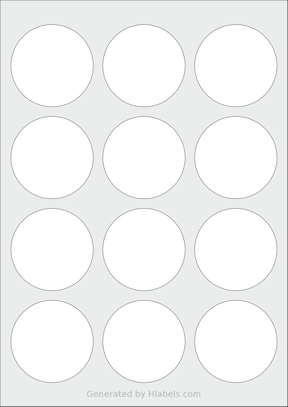 Avery® 60-RND template with 12 circle labels per sheet, each 60 millimeter in diameter, on A4-size adhesive blank label sheets.
