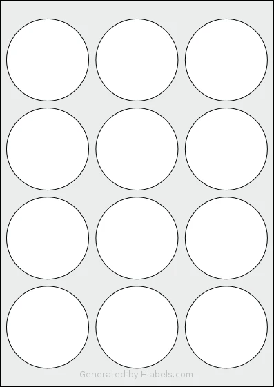 Avery® 63-RND template with 12 circle labels per sheet, each 63 millimeter in diameter, on A4-size adhesive blank label sheets.