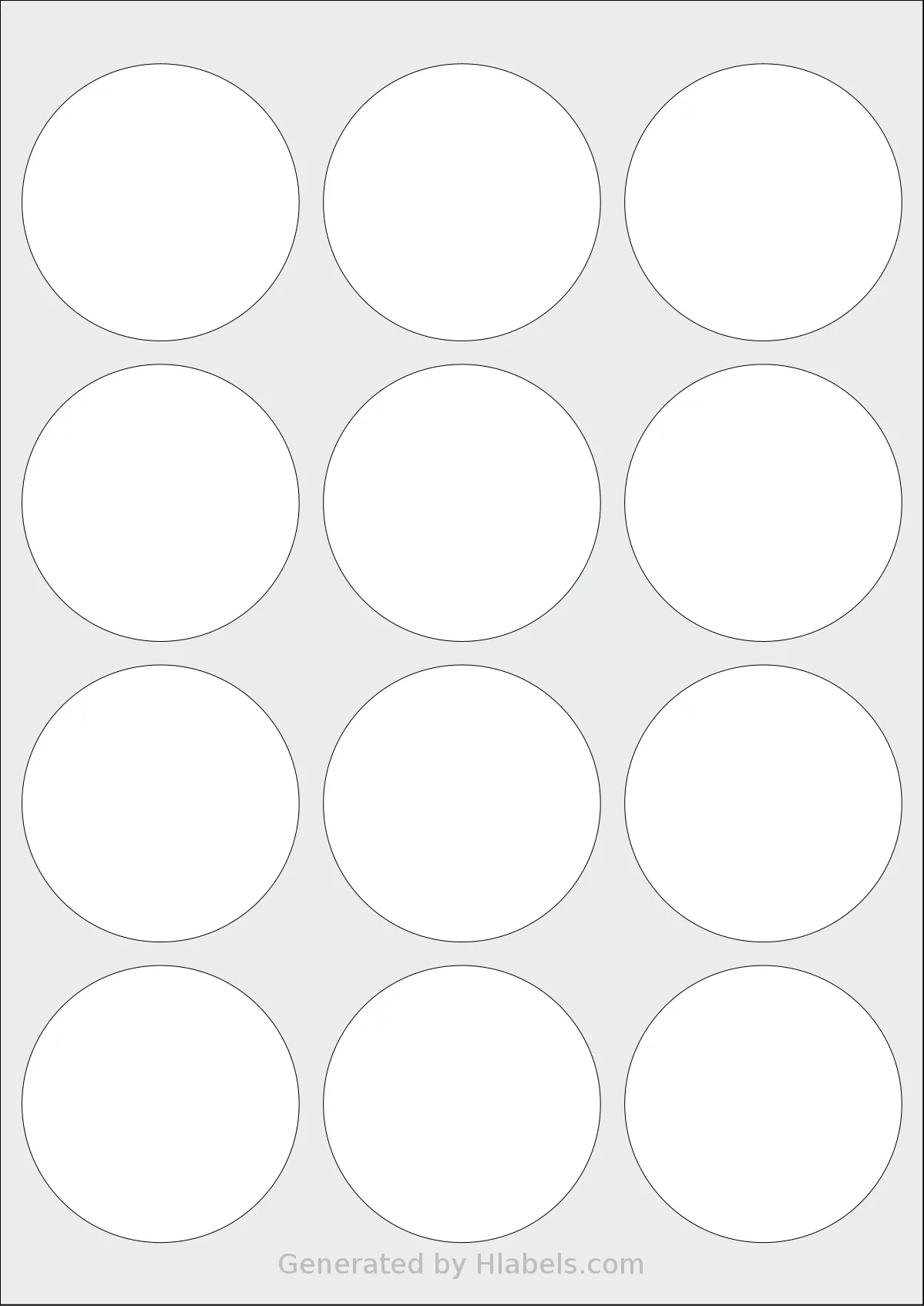 Avery® 63-RND template with 12 circle labels per sheet, each 63 millimeter in diameter, on A4-size adhesive blank label sheets.