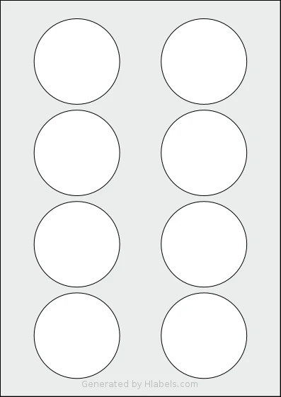Avery® 64 template with 8 circle labels per sheet, each 64 millimeter in diameter, on A4-size adhesive blank label sheets.