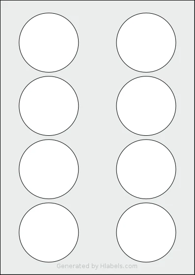 Avery® 64-RND template with 8 circle labels per sheet, each 64 millimeter in diameter, on A4-size adhesive blank label sheets.