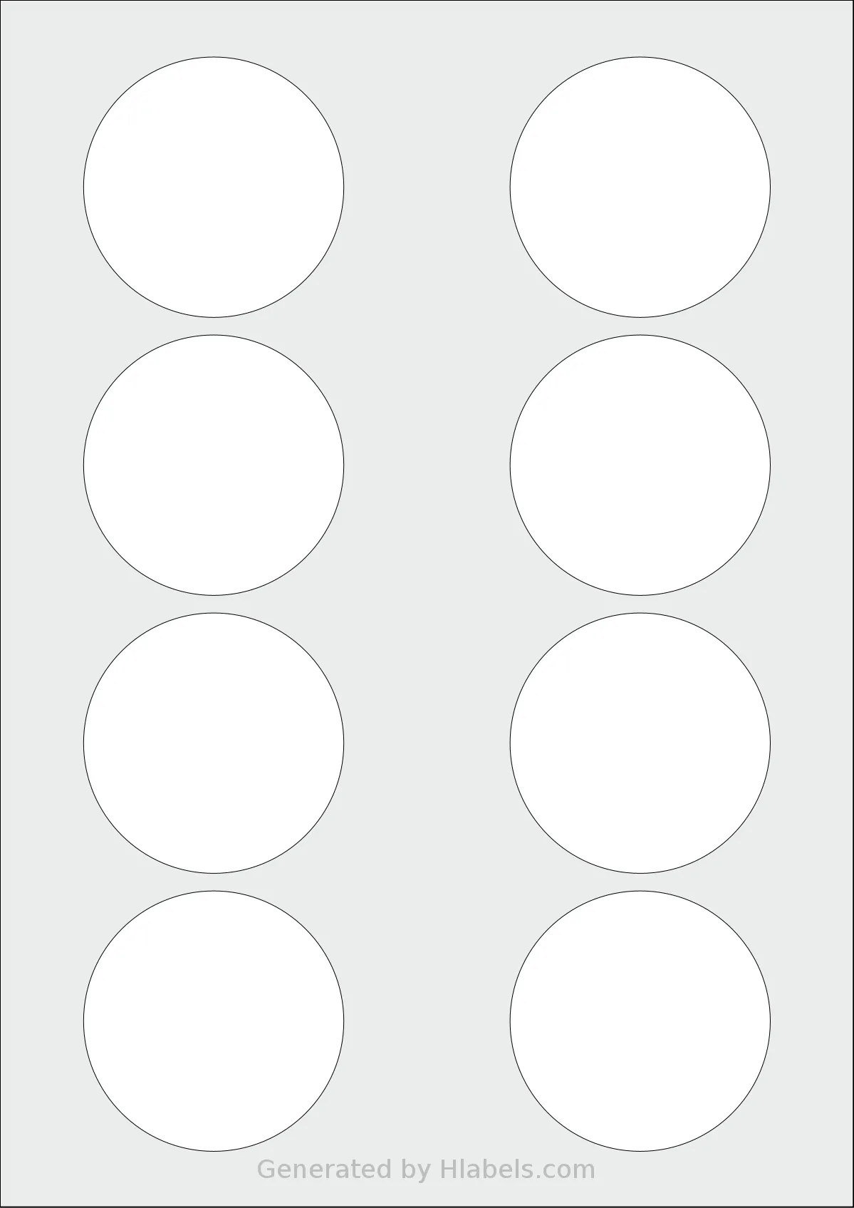 Avery® 64-RND template with 8 circle labels per sheet, each 64 millimeter in diameter, on A4-size adhesive blank label sheets.