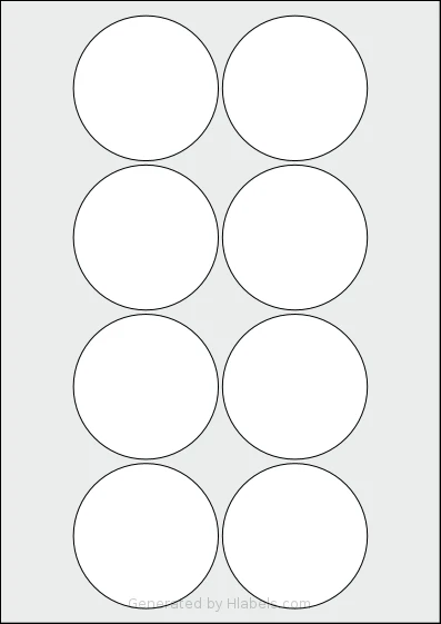 Avery® 69 template with 8 circle labels per sheet, each 69 millimeter in diameter, on A4-size adhesive blank label sheets.