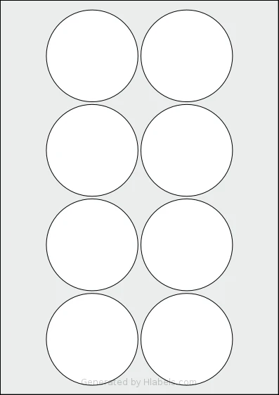 Avery® 69-RND template with 8 circle labels per sheet, each 69 millimeter in diameter, on A4-size adhesive blank label sheets.