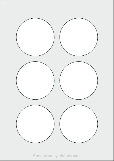 Avery® 70-RND template with 6 circle labels per sheet, each 70 millimeter in diameter, on A4-size adhesive blank label sheets.