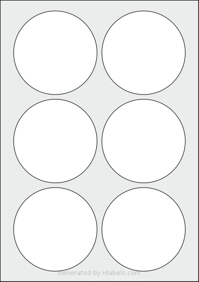 Avery® 88-RND template with 6 circle labels per sheet, each 88 millimeter in diameter, on A4-size adhesive blank label sheets.