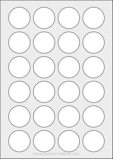 Avery® C9422K-4 template with 24 circle labels per sheet, each 40 millimeter in diameter, on A4-size adhesive blank label sheets.