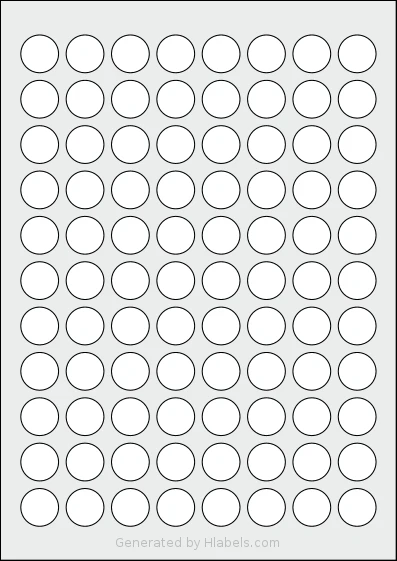 Avery® Zweckform 20 template with 88 circle labels per sheet, each 20 millimeter in diameter, on A4-size adhesive blank label sheets.