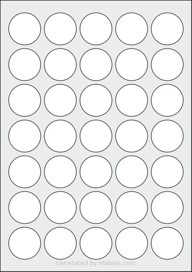 Avery® Zweckform 35 template with 35 circle labels per sheet, each 35 millimeter in diameter, on A4-size adhesive blank label sheets.