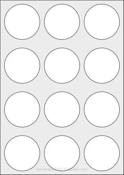 Avery® Zweckform 60R6 template with 12 circle labels per sheet, each 60 millimeter in diameter, on A4-size adhesive blank label sheets.