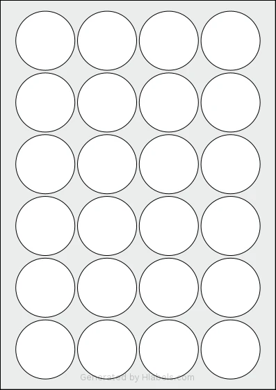 CloudLabels® CL2445R template with 24 circle labels per sheet, each 45 millimeter in diameter, on A4-size adhesive blank label sheets.
