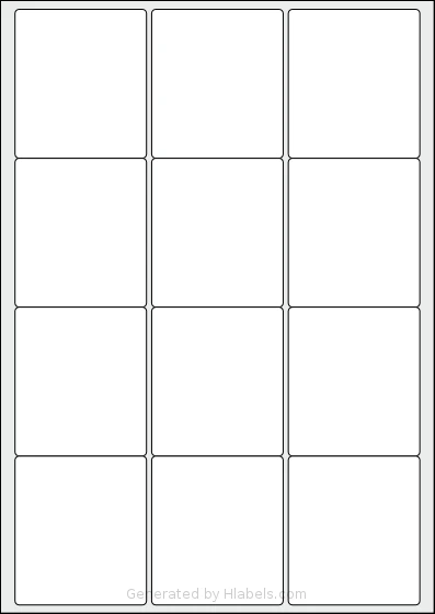 iSOUL® LP12 template with 12 rectangular 63.5 x 72 millimeter labels per sheet, on A4-size adhesive blank label sheets.