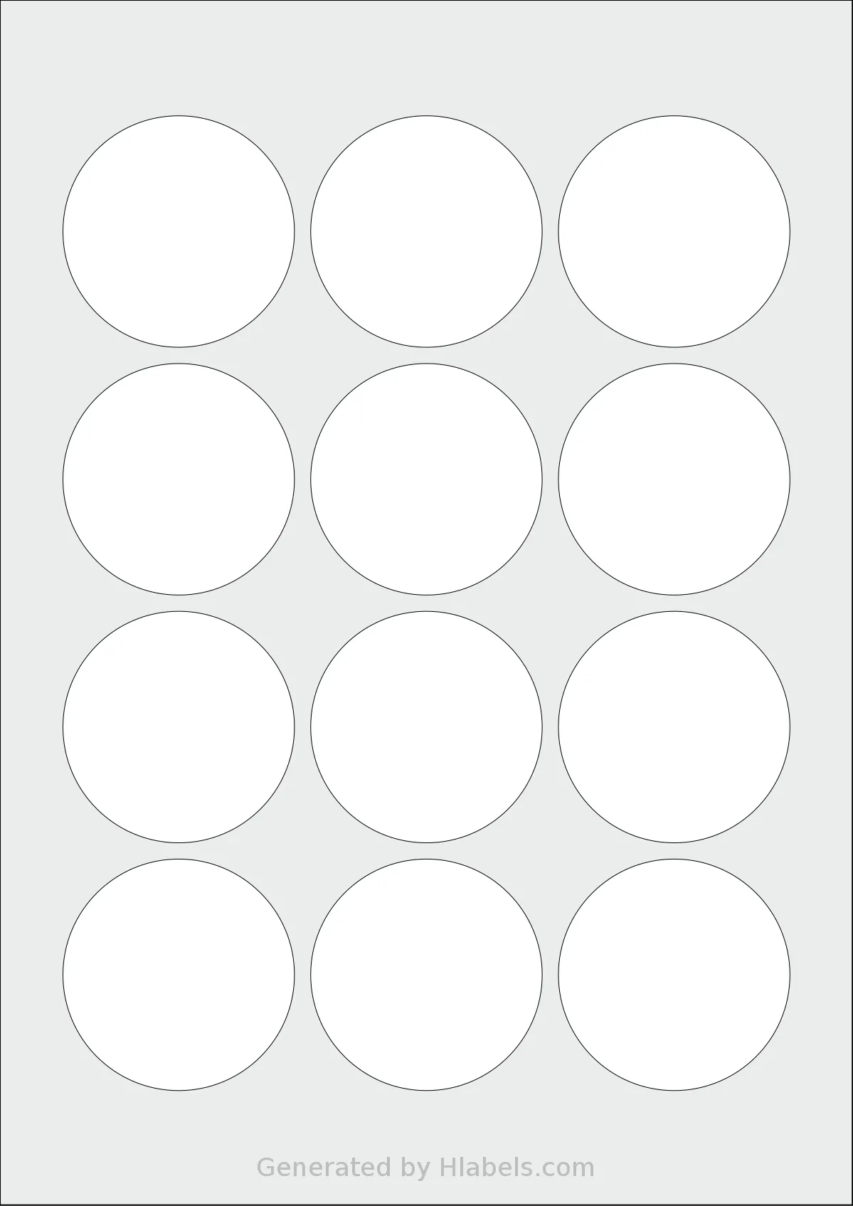 LabelPlanet® LP12-57R template with 12 circle labels per sheet, each 57 millimeter in diameter, on A4-size adhesive blank label sheets.