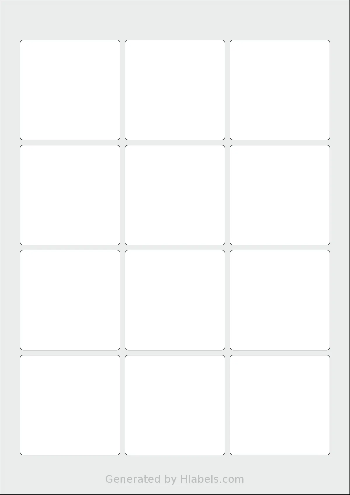 LabelPlanet® LP12-60SQ template with 12 square 60 x 60 millimeter labels per sheet, on A4-size adhesive blank label sheets.