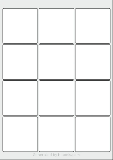 LabelPlanet® LP12-65SQ Template LabelPlanet® LP12-65SQ template with 12 square 65 x 65 millimeter labels per sheet, on A4-size adhesive blank label sheets.