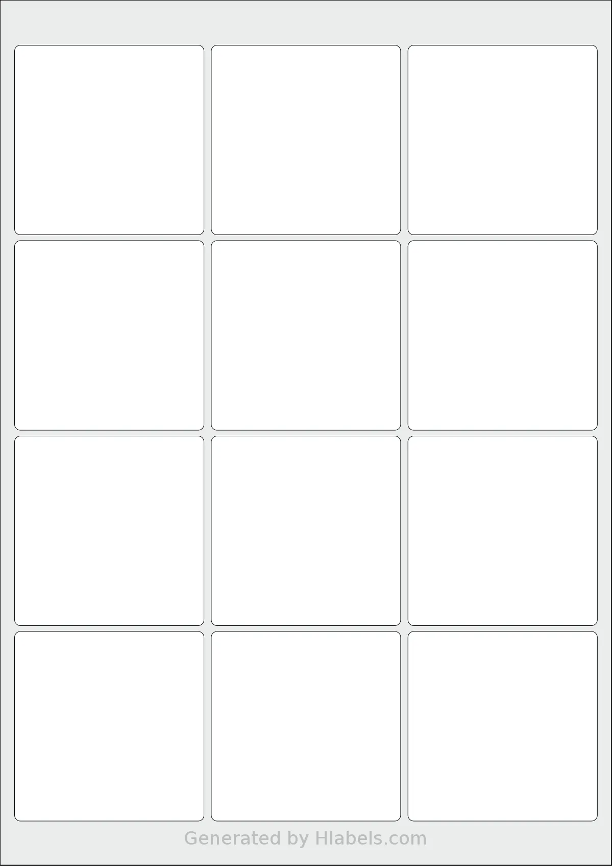 LabelPlanet® LP12-65SQ template with 12 square 65 x 65 millimeter labels per sheet, on A4-size adhesive blank label sheets.