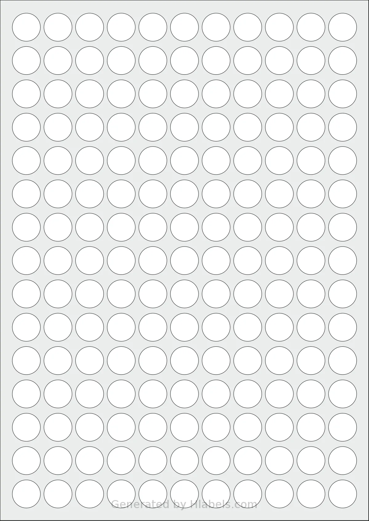 LabelPlanet® LP165-16R template with 165 circle labels per sheet, each 16 millimeter in diameter, on A4-size adhesive blank label sheets.