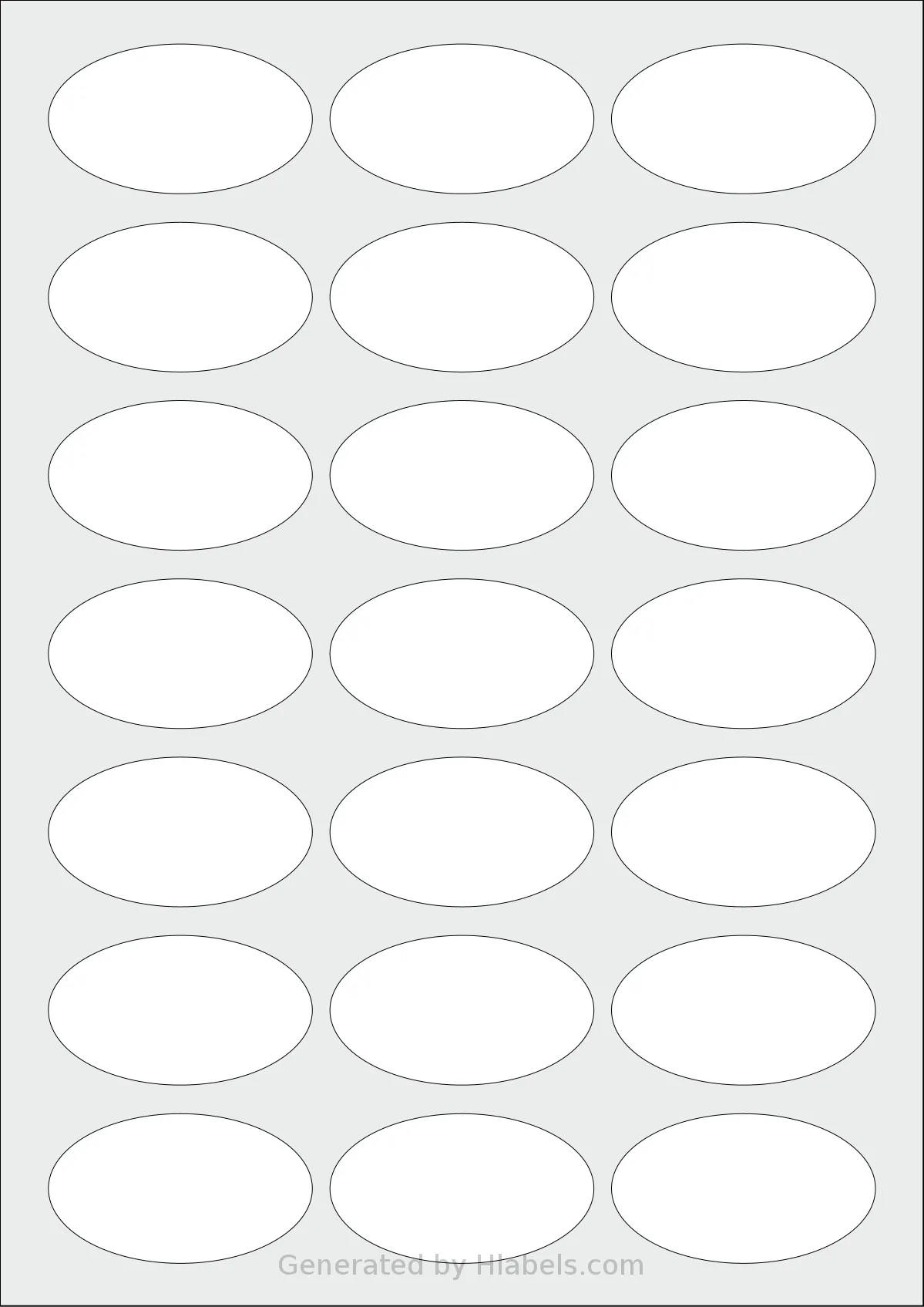 LabelPlanet® LP21-60OV template with 21 oval 60 x 34 millimeter labels per sheet, on A4-size adhesive blank label sheets.
