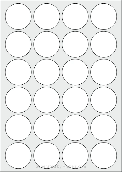 LabelPlanet® LP24-45R Template LabelPlanet® LP24-45R template with 24 circle labels per sheet, each 45 millimeter in diameter, on A4-size adhesive blank label sheets.