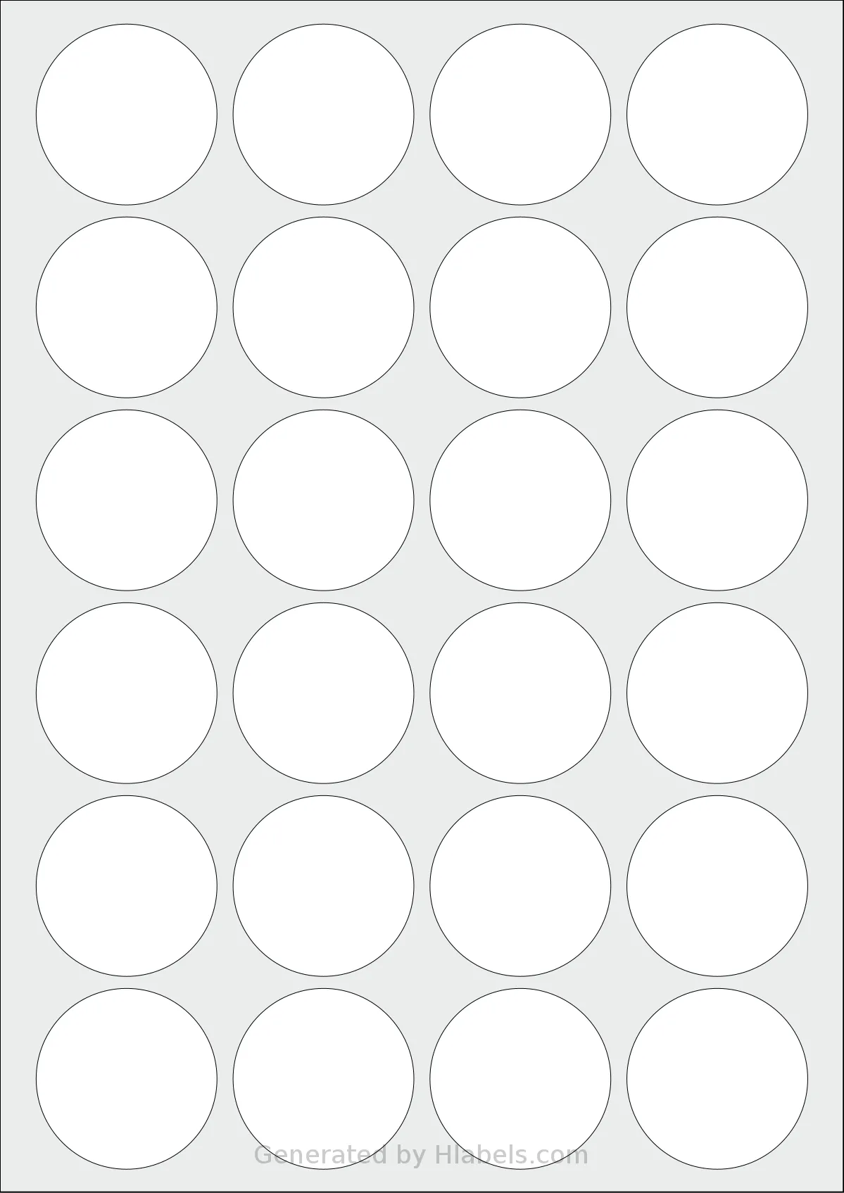 LabelPlanet® LP24-45R template with 24 circle labels per sheet, each 45 millimeter in diameter, on A4-size adhesive blank label sheets.