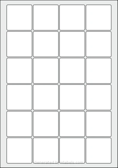 LabelPlanet® LP24-45SQ Template LabelPlanet® LP24-45SQ template with 24 square 45 x 45 millimeter labels per sheet, on A4-size adhesive blank label sheets.