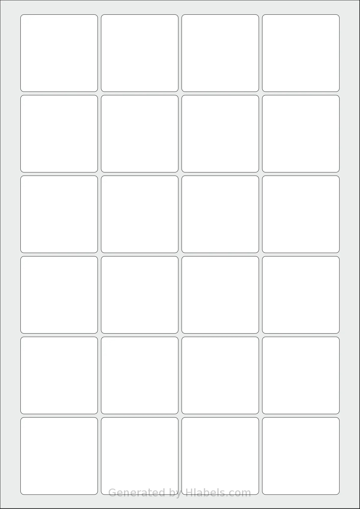 LabelPlanet® LP24-45SQ template with 24 square 45 x 45 millimeter labels per sheet, on A4-size adhesive blank label sheets.