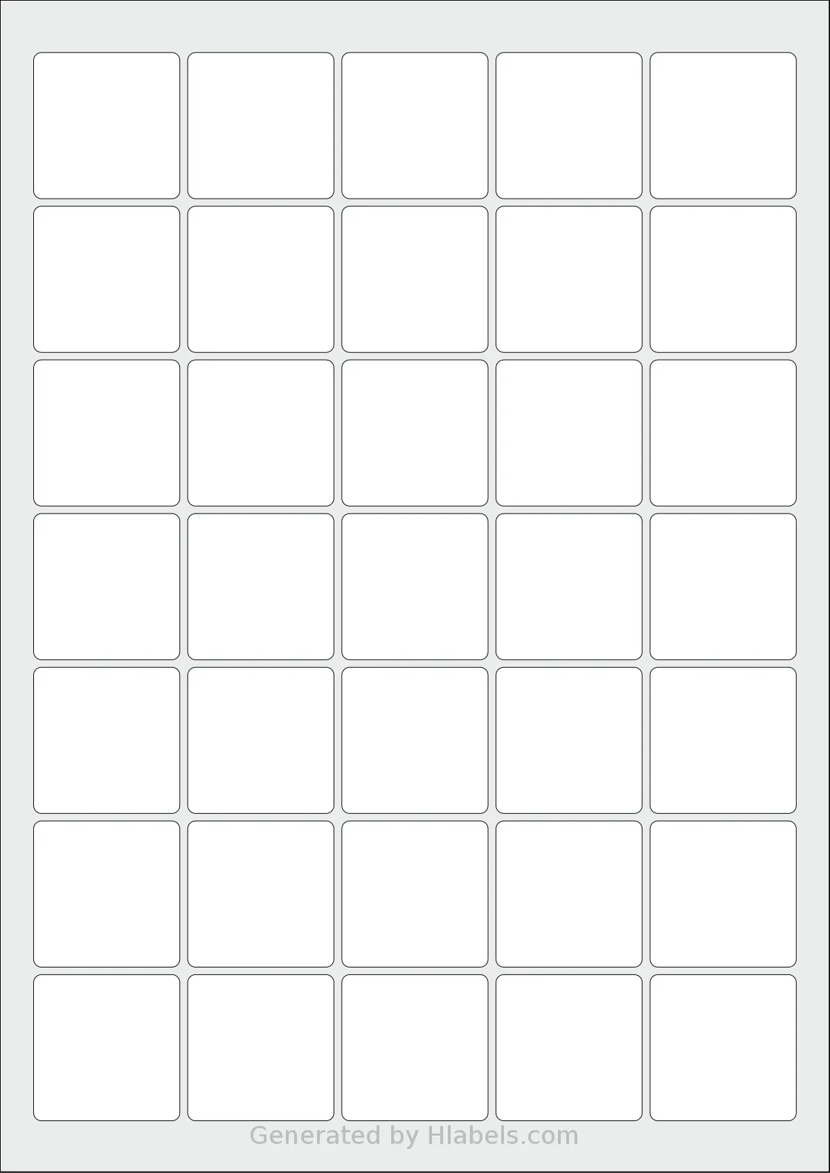 LabelPlanet® LP35-37SQ template with 35 square 37 x 37 millimeter labels per sheet, on A4-size adhesive blank label sheets.