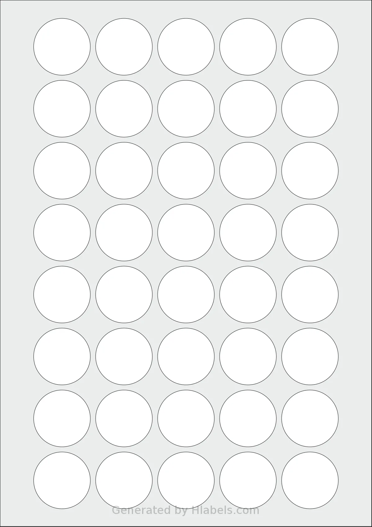 LabelPlanet® LP40-32R template with 40 circle labels per sheet, each 32 millimeter in diameter, on A4-size adhesive blank label sheets.