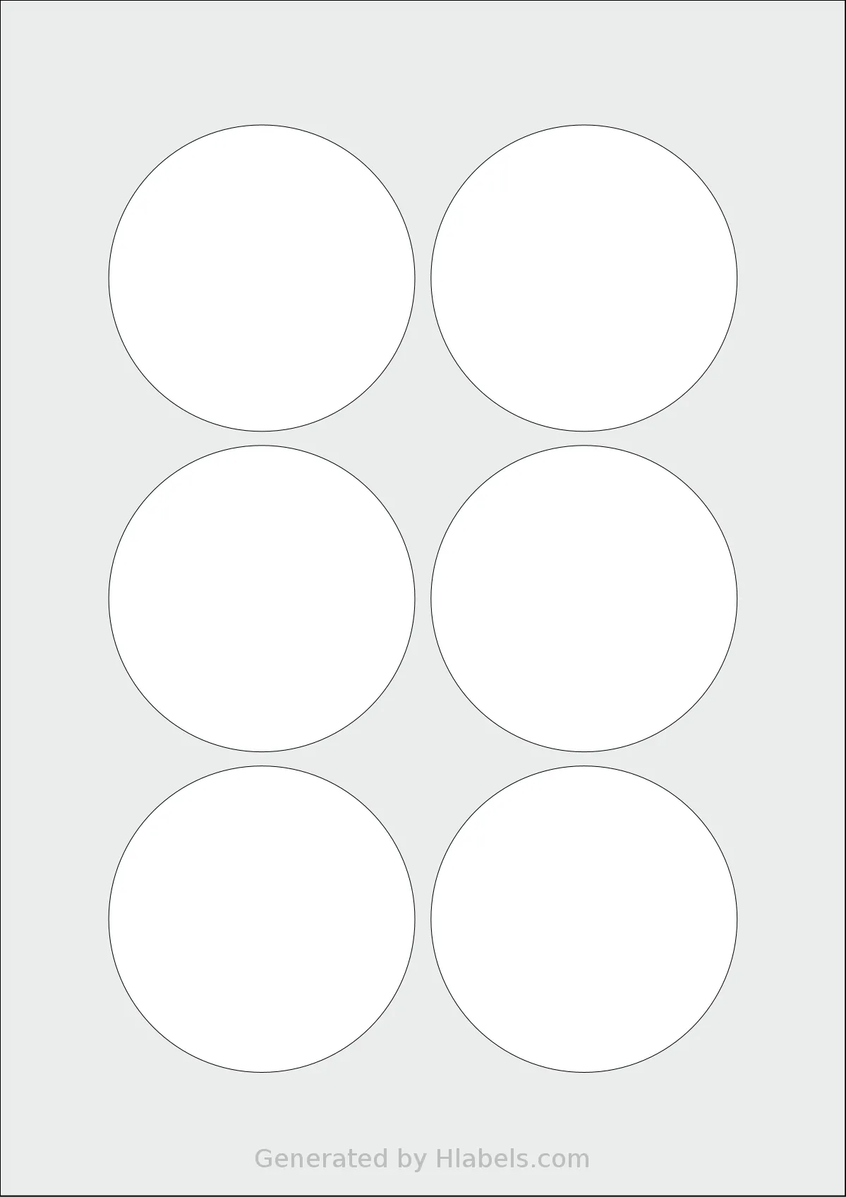 LabelPlanet® LP6-76R template with 6 circle labels per sheet, each 76 millimeter in diameter, on A4-size adhesive blank label sheets.