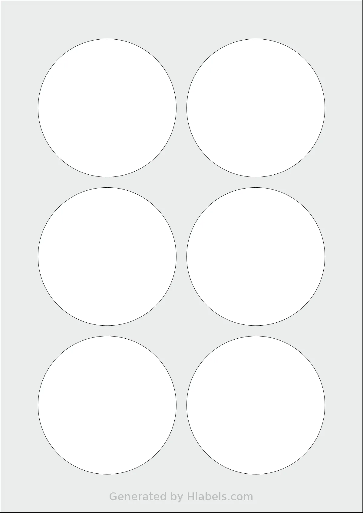 LabelPlanet® LP6-80R template with 6 circle labels per sheet, each 80 millimeter in diameter, on A4-size adhesive blank label sheets.