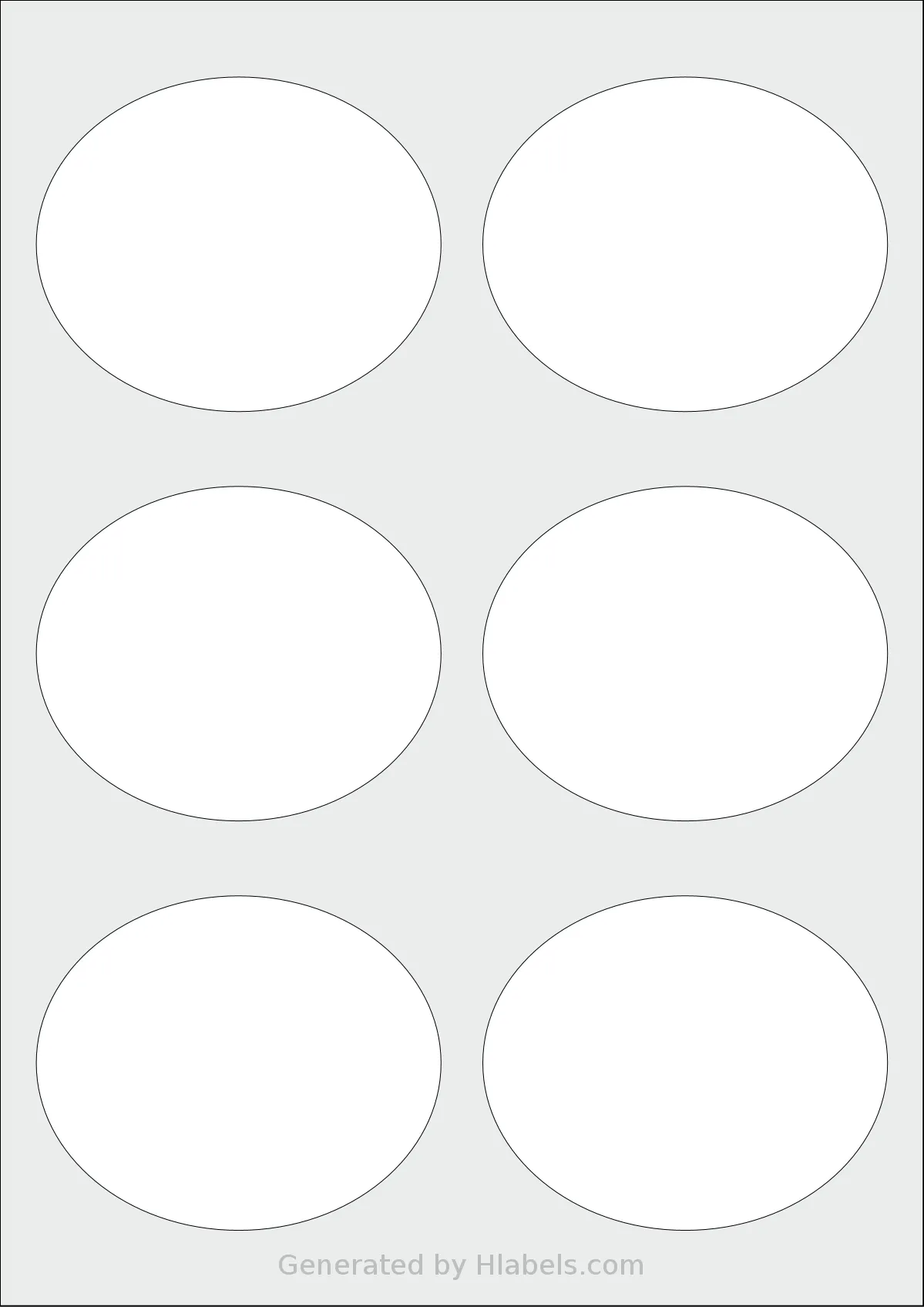 LabelPlanet® LP6-92OV template with 6 oval 92 x 76 millimeter labels per sheet, on A4-size adhesive blank label sheets.