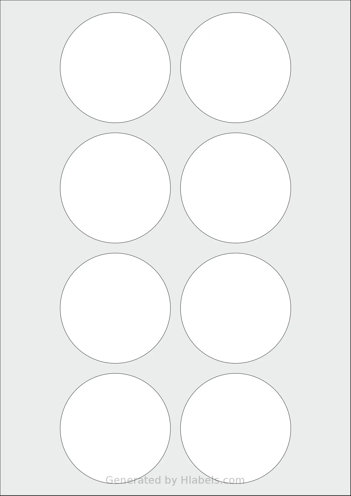 LabelPlanet® LP8-66R template with 8 circle labels per sheet, each 66 millimeter in diameter, on A4-size adhesive blank label sheets.