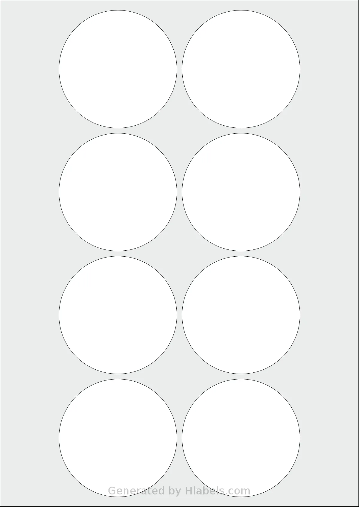 LabelPlanet® LP8-69R template with 8 circle labels per sheet, each 69 millimeter in diameter, on A4-size adhesive blank label sheets.
