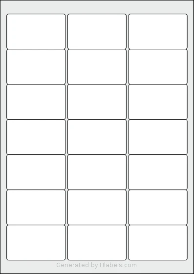 LotusLabels® LL21 template with 21 rectangular 63.5 x 38.1 millimeter labels per sheet, on A4-size adhesive blank label sheets.