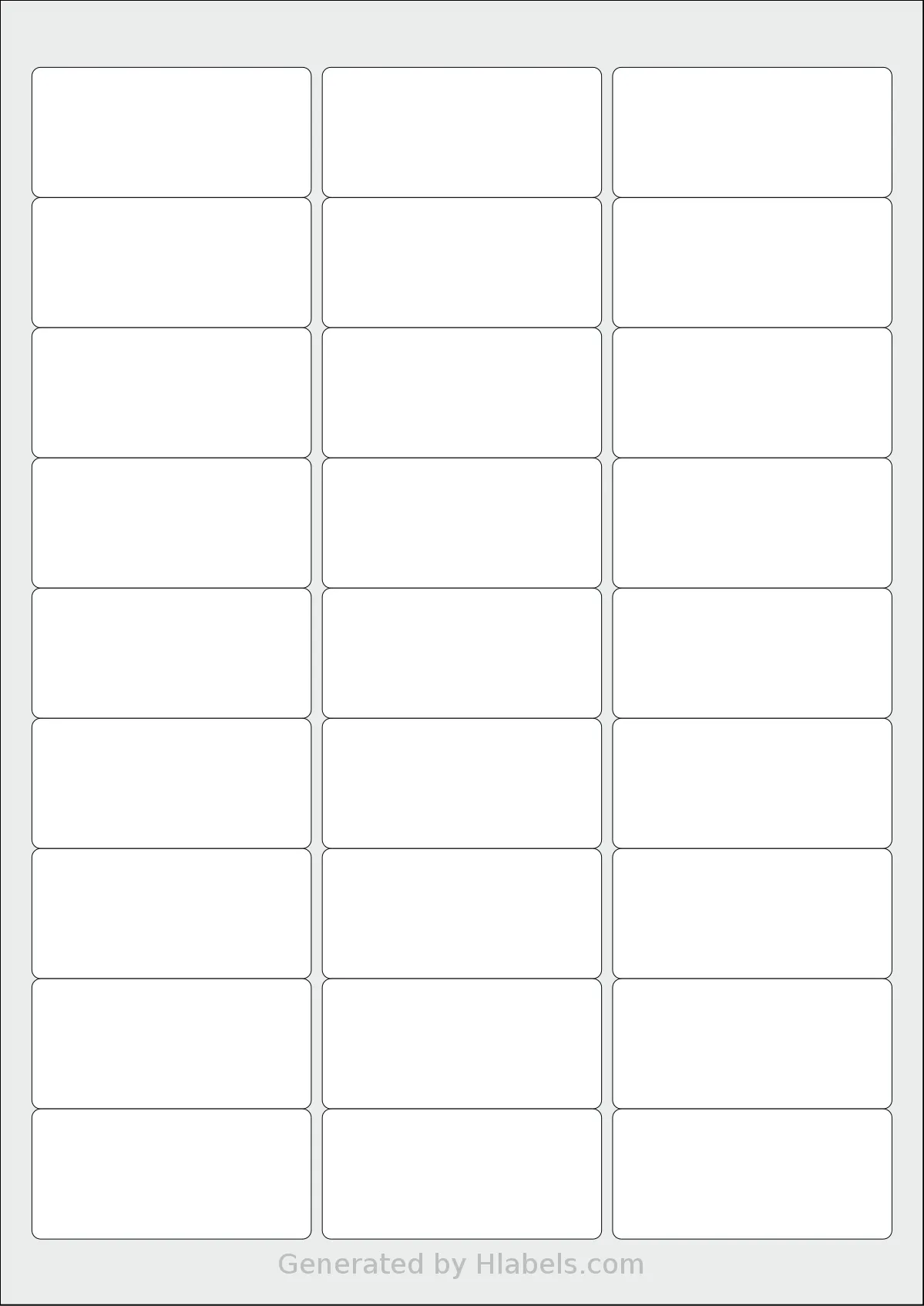 LotusLabels® LL27 template with 27 rectangular 63.5 x 29.6 millimeter labels per sheet, on A4-size adhesive blank label sheets.